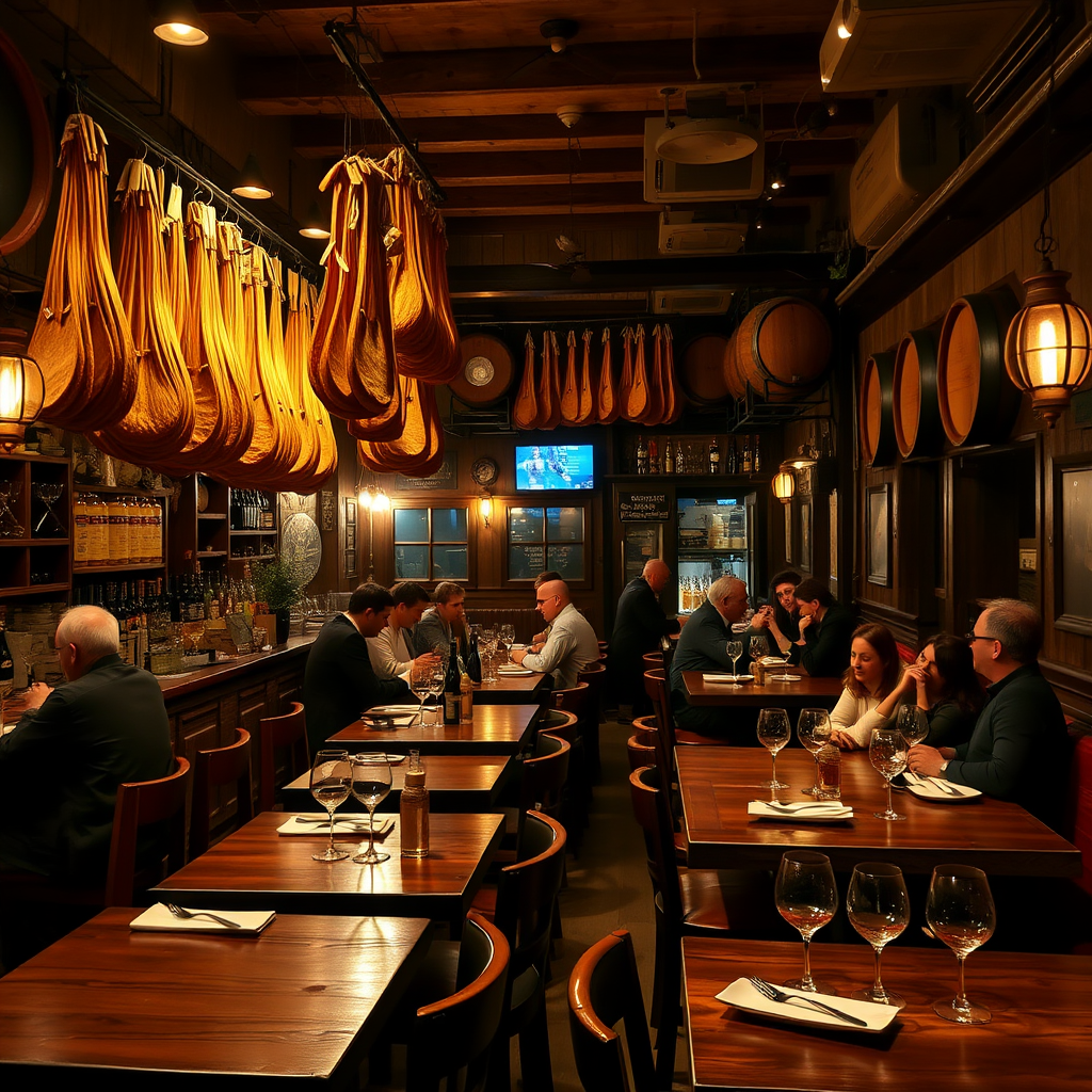 Cozy traditional Spanish tapas bar interior with wooden tables, hanging jamón, wine barrels, dim warm lighting, locals enjoying small plates and wine in authentic Madrid neighborhood setting
